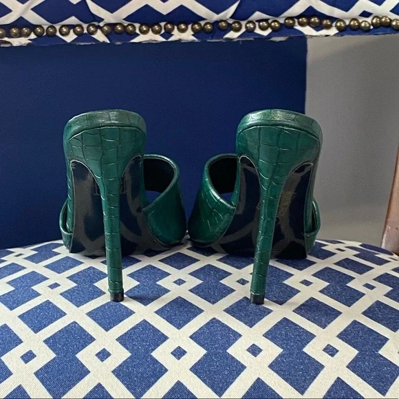 Dark green croc embossed print square toe high heel mule sandals sz 10 - Picture 7 of 7